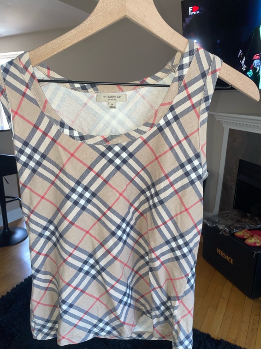 Burberry Tan Nova Check Sleeveless Camisole with Navy & Red Stripes - Picture 5 of 5